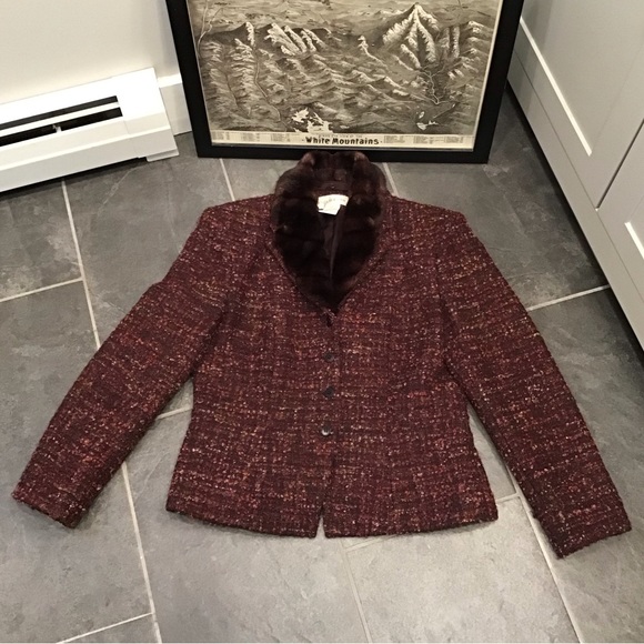 Vintage Jones NY Womens Tweed Wool Blazer Size L Faux Fur Collar Boucle Jacket - Picture 5 of 16